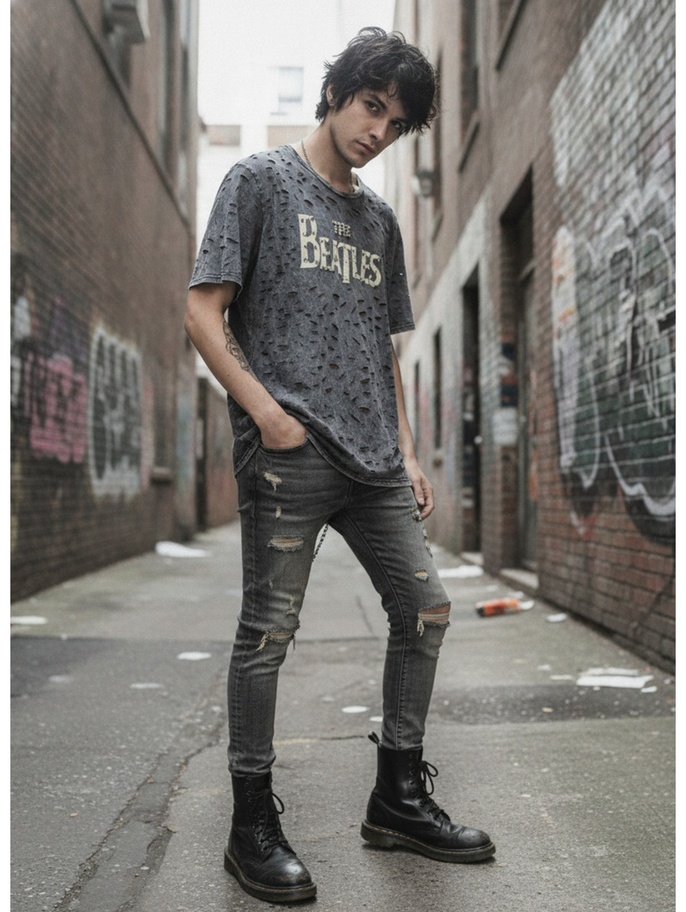 The Beatles Distressed Studded T Shirt Acid Wash Cutout Rock Band Tee Korea